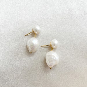 Double Freshwater Pearl Earrings. Bride Pearl Earrings. Large Pearl Earrings. Two Pearl Earrings. Pearl Drop Earrings. Bridesmaid Gifts image 6