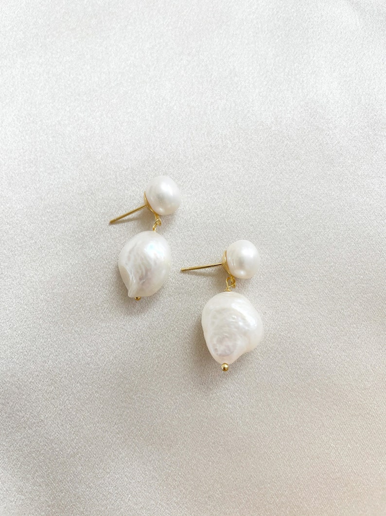 Double Freshwater Pearl Earrings. Bride Pearl Earrings. Large Pearl Earrings. Two Pearl Earrings. Pearl Drop Earrings. Bridesmaid Gifts image 6