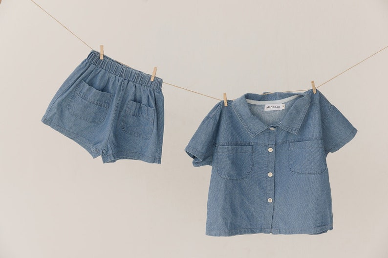 Baby Denim 2 Piece Clothing Set. Unisex Denim clothing set for Baby Toddler Kids. Baby Denim Short Sleeve Outfit. Baby Shower Gifts. image 1