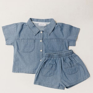 Baby Denim 2 Piece Clothing Set. Unisex Denim clothing set for Baby Toddler Kids. Baby Denim Short Sleeve Outfit. Baby Shower Gifts. image 3