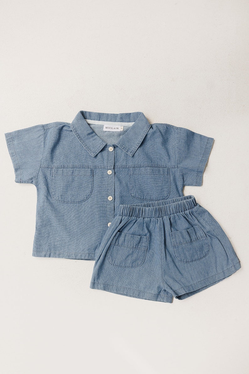 Baby Denim 2 Piece Clothing Set. Unisex Denim clothing set for Baby Toddler Kids. Baby Denim Short Sleeve Outfit. Baby Shower Gifts. image 3