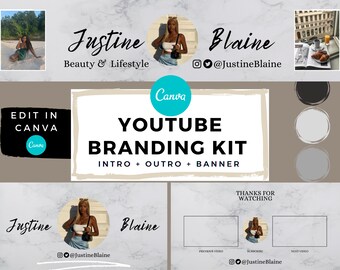 Custom Animated Youtube intro, outro, banner YouTube branding kit, youtube channel kit, youtube template canva editable, marble, white, tan