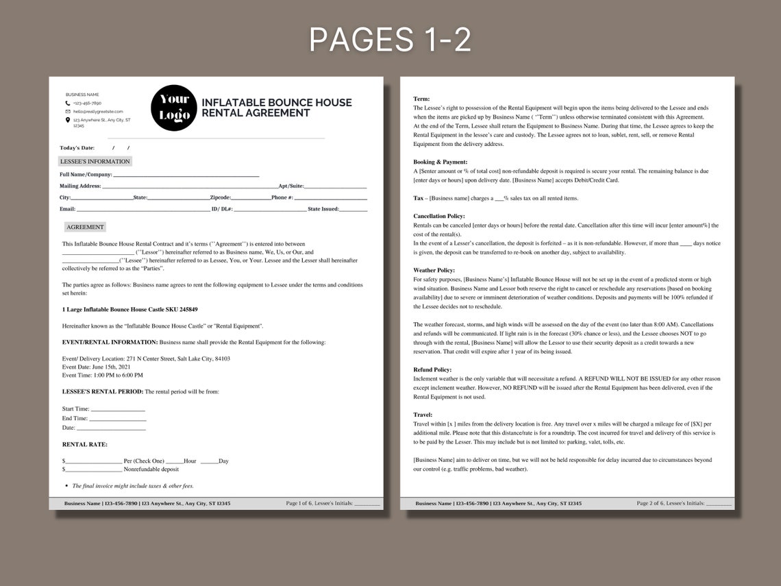 Inflatable Bounce House Rental Agreement Bounce House Rental Etsy