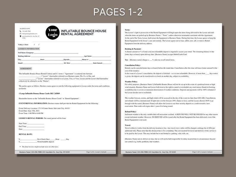 Inflatable Bounce House Rental Agreement, Bounce House Rental Contract, Liability Waiver