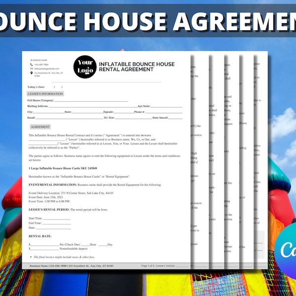 Inflatable Bounce House Rental Agreement, Bounce House Rental Contract, Liability Waiver, Inflatable Equipment Rental  Editable, Canva