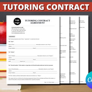 Tutoring Contract Agreement Template, Tutor Contact,  Private Tutoring Contract For Parents, Student Tutoring Contract, Editable In Canva