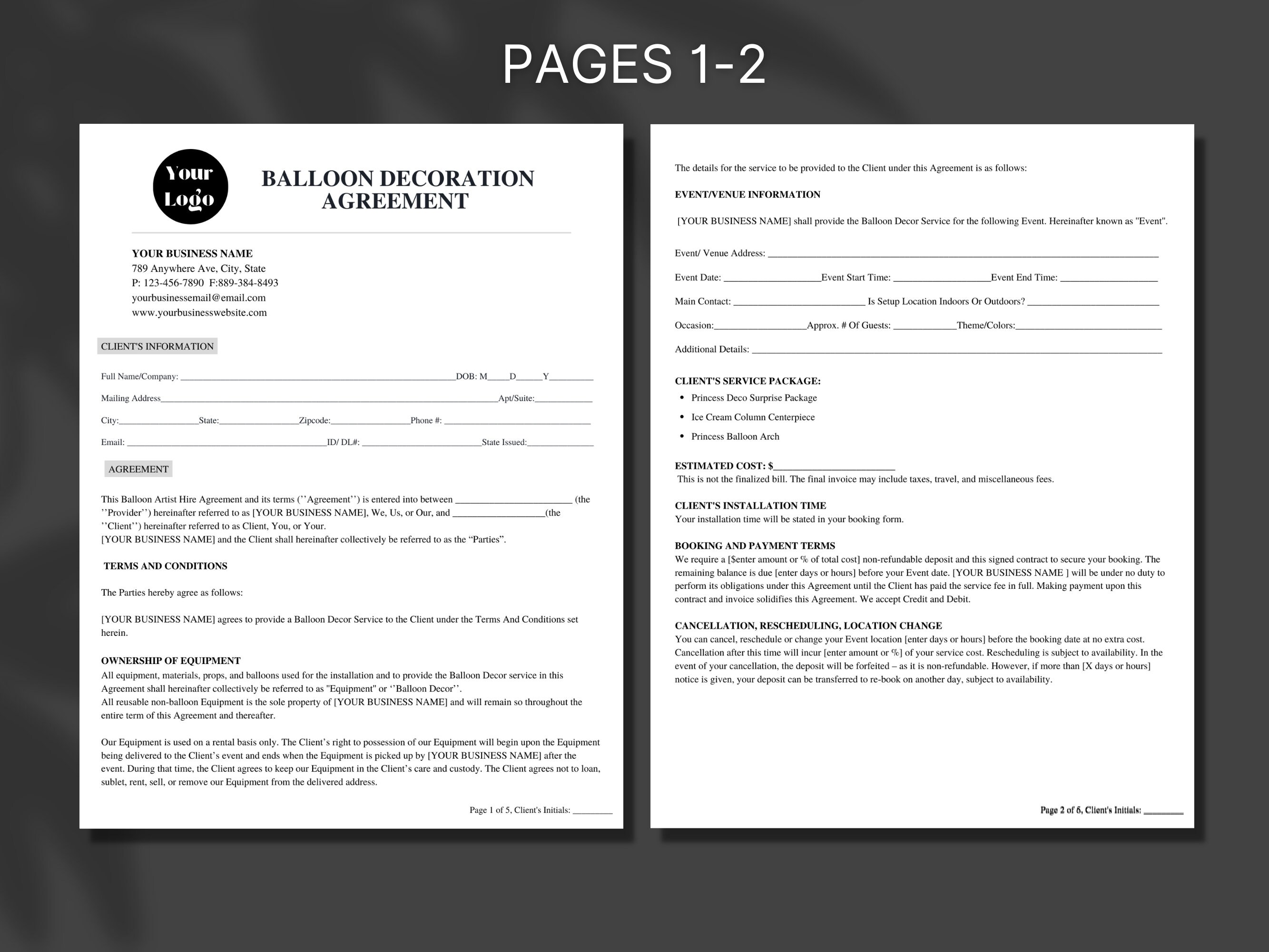 Balloon Artist Contract Agreement Template, Balloon Decor Decoration Contract Agreement, Balloon