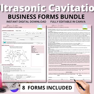 Puede incluir: Un paquete de formularios comerciales imprimibles rosa y blanco para tratamientos de cavitación ultrasónica. Los formularios incluyen un formulario de consulta de clientes y una exención de responsabilidad y consentimiento informado. El texto "8 formularios incluidos" está en la parte inferior de la imagen.