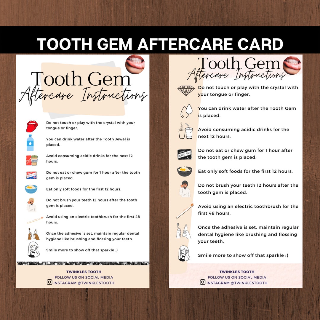 Editable Tooth Gem Aftercare Instruction Card Canva Template , Tooth