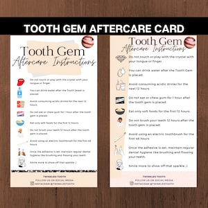 Modèle Canva de carte d'instructions AfterCare de Tooth Gem modifiable, carte de AfterCare de Tooth Jewel, 2 x 3,5 formes de gemme de dent, modèles, post-soins