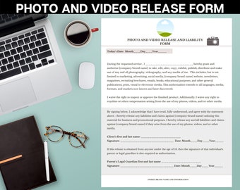 May include: A photo and video release form with a camera icon and a cloud with a sun and grass. The form includes fields for the client's name, signature, and date. It also includes fields for the parent or legal guardian's name, signature, and date.
