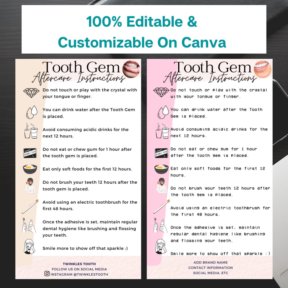Editable Tooth Gem Aftercare Instruction Card Canva Template , Tooth