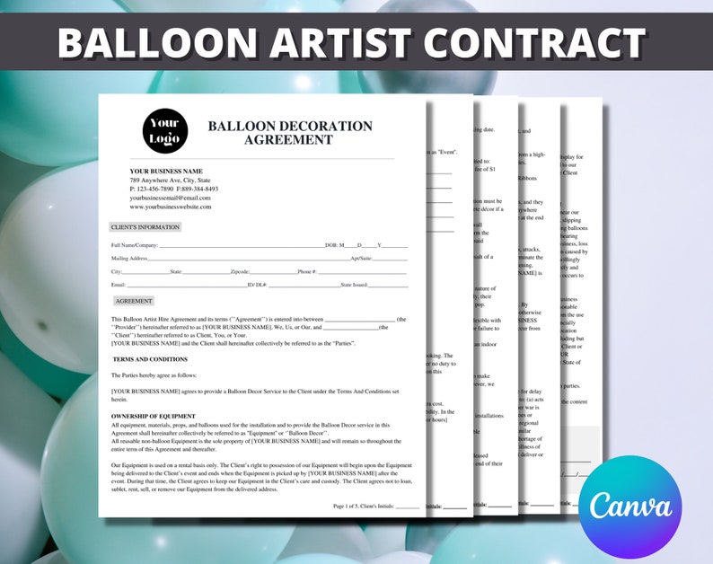Balloon Artist Contract Agreement Template Balloon Decor Etsy