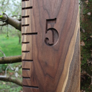 May include: A wooden growth chart with a dark brown finish. The chart has a number "5" carved into the wood. The chart is made of walnut wood.