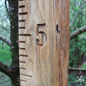 May include: A wooden growth chart with a carved number "5" on it. The chart is made of natural wood with a rustic finish.