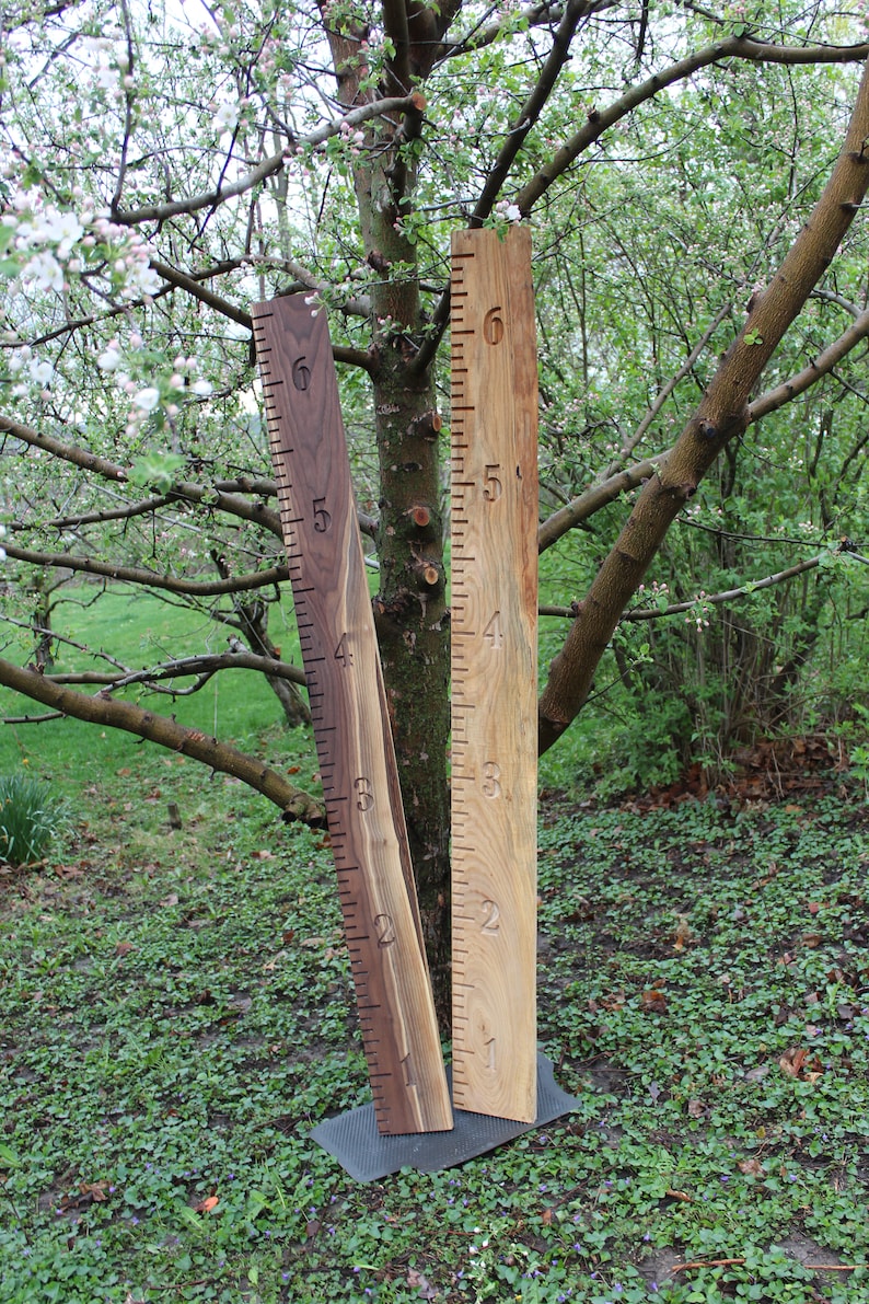 May include: Two wooden rulers, one brown and one light brown, are leaning against a tree trunk. The rulers are marked with numbers from 1 to 6. The rulers are standing on a black mat in a grassy area.