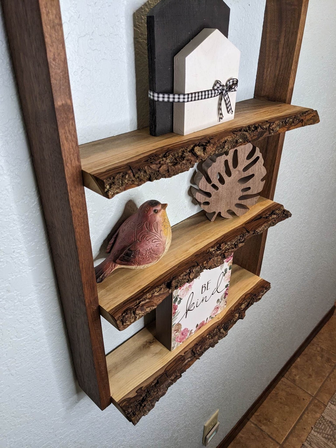 Rustic Hanging Ladder Shelf 1, 2, or 3 Shelves With or Without Live