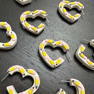 Heart Shaped Hoops with tiny pencil details, Teacher Clay Earrings , light weight, hand made from polymer clay, medium size hoop earring