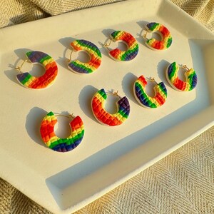 Rainbow Hoop Clay Earring , light weight, hand made from polymer clay, medium size hoop earring