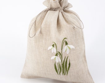 Linen Pouch With Snowdrops, Embroidered Linen Bag, Gifts Bag