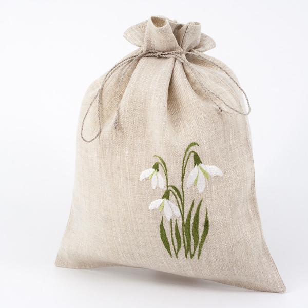 Linen Pouch With Snowdrops, Embroidered Linen Bag, Gifts Bag