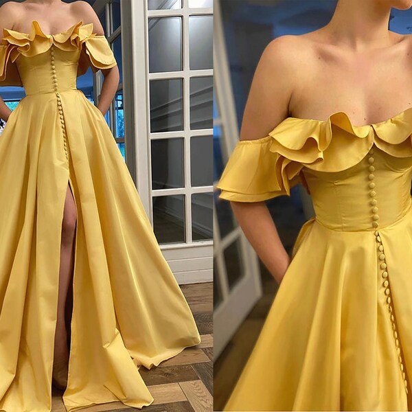 Formal Women's Dresses Vintage Fairy Corset Dress A line Straight Long Yellow Prom Dress Ball Gown Short Sleeve Wedding Ball Gown Prom Dress with Slit  Prom Dress Shop