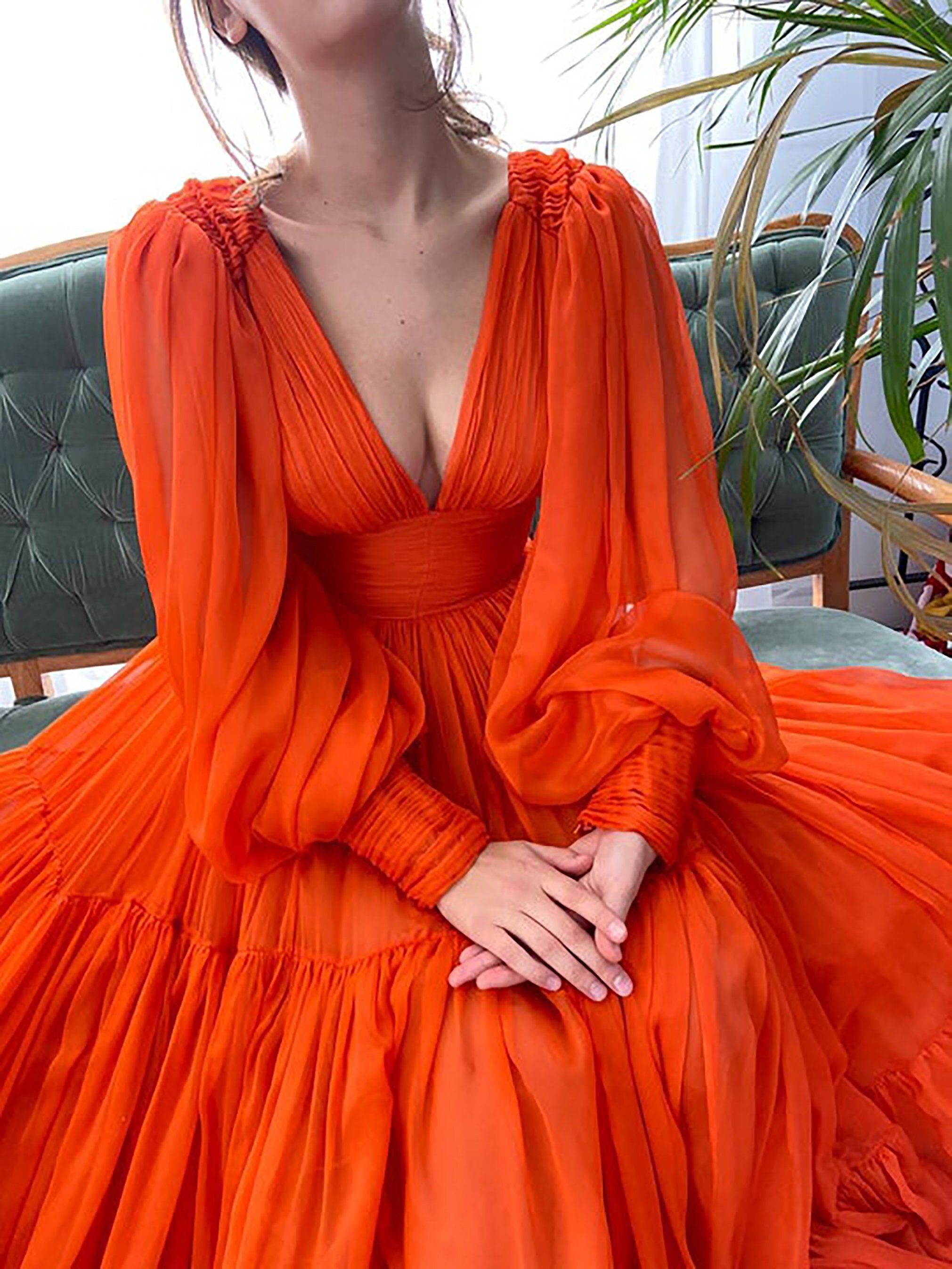 Orange Chiffon Dress - Etsy