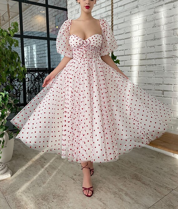 White Corset Dress A Line Tea-length Red Hearts Pattern Lace - Etsy