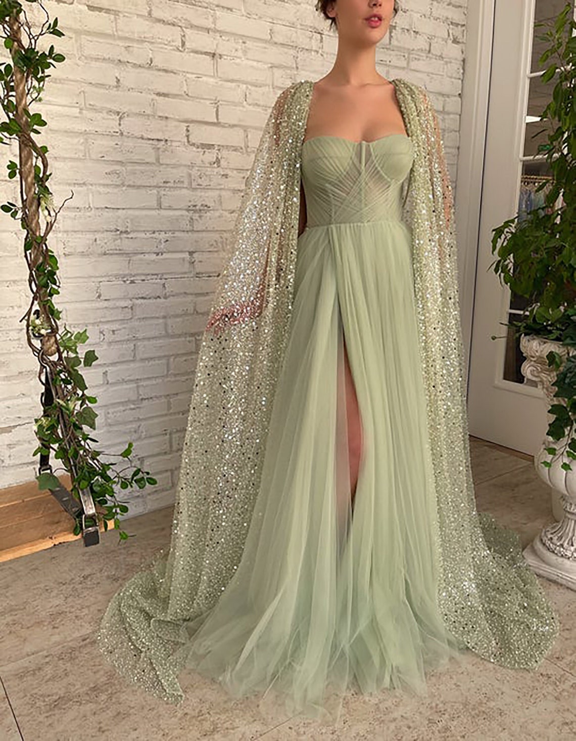 Sage Green Prom Corset A line Floor-length Aurora Cape Tulle image 1