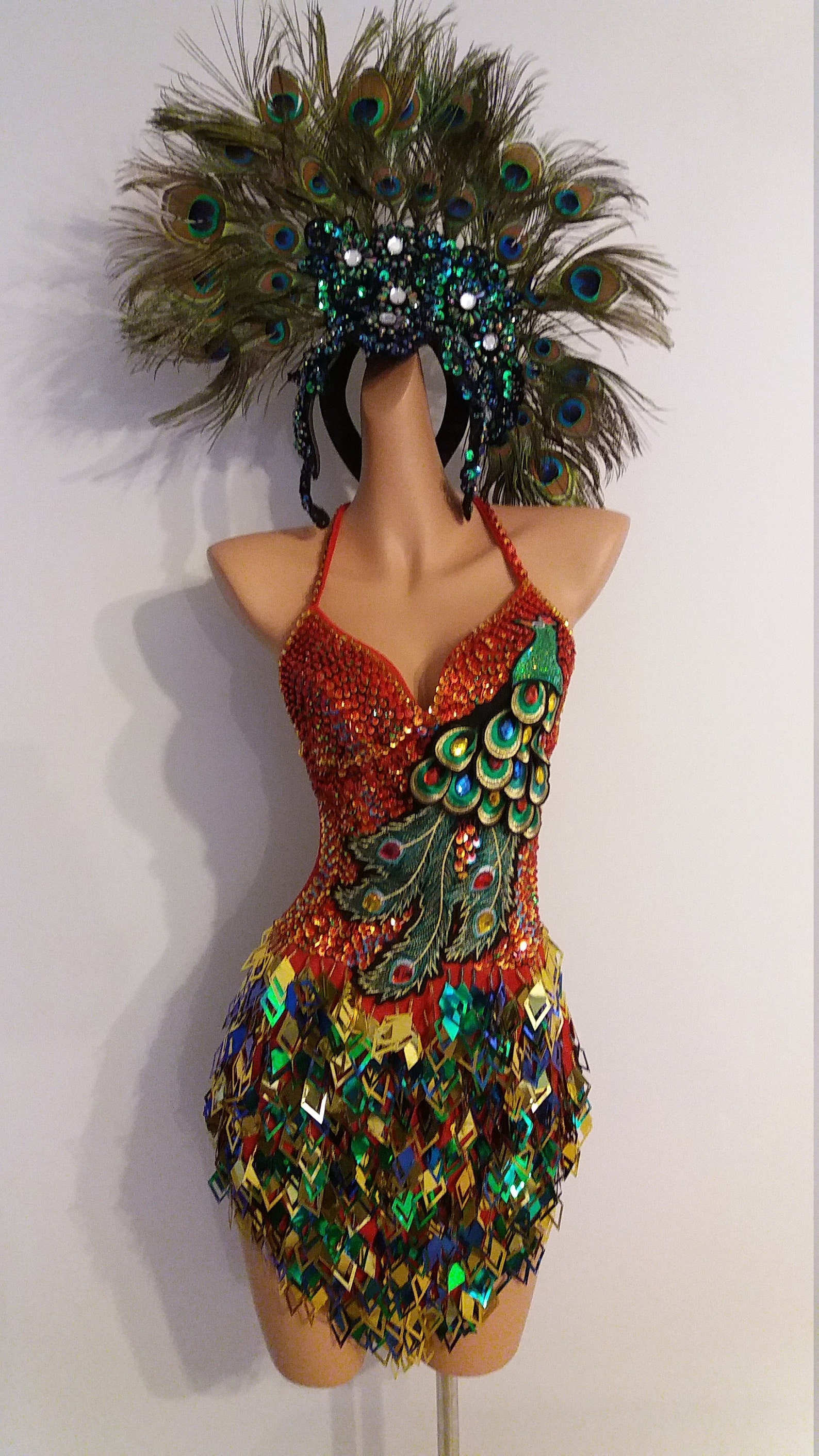 Red PEACOCK Design Sequin Beads Dress Carnival Brazil Las Etsy