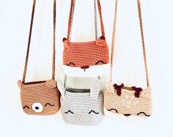 Sac animaux de la foret au crochet, pochette bandoulière au crochet, sac à main, sac original cerf lapin renard ourson fait main au crochet