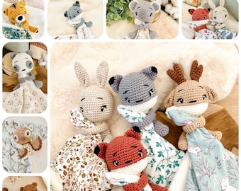 Doudou haak dieren, knuffelherten, vos, wolf, konijn, koala, panda, leeuw, tijger, gepersonaliseerd geboortecadeau les loustics