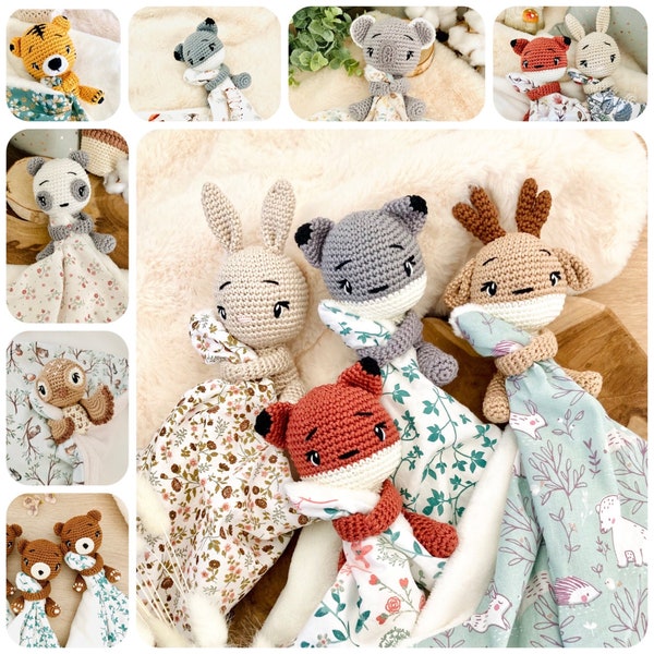 Doudou lange animaux au crochet, doudou cerf, renard, loup, lapin, koala, panda, lion, tigre, cadeau de naissance personnalisé les loustics