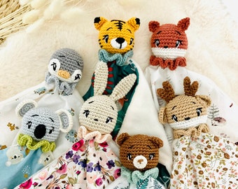 Doudou lange tête animal, doudou tigre koala renard cerf pingouin lapin ours doudou crochet cadeau de naissance, doudou personnalisable