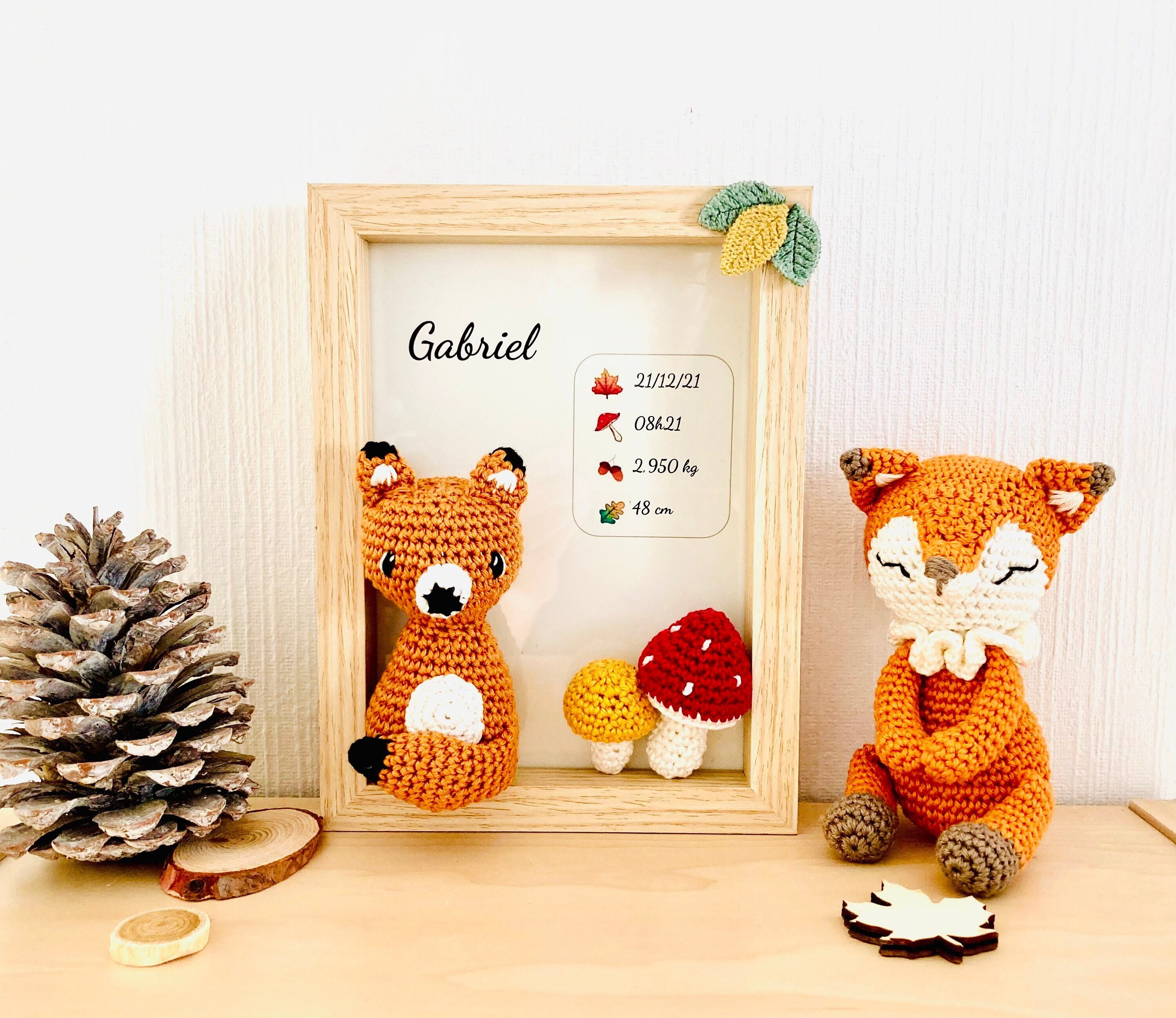 Cadre Naissance 3D Renard Personnalisable Au Crochet, Cadre Animaux de La Forêt Renard Champignon Cr