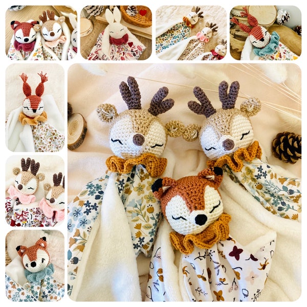 Doudou lange de naissance tête animal au crochet, choix des tissus, doudou forêt, doudou cerf, renard, loup, ecureuil lapin doudou crochet