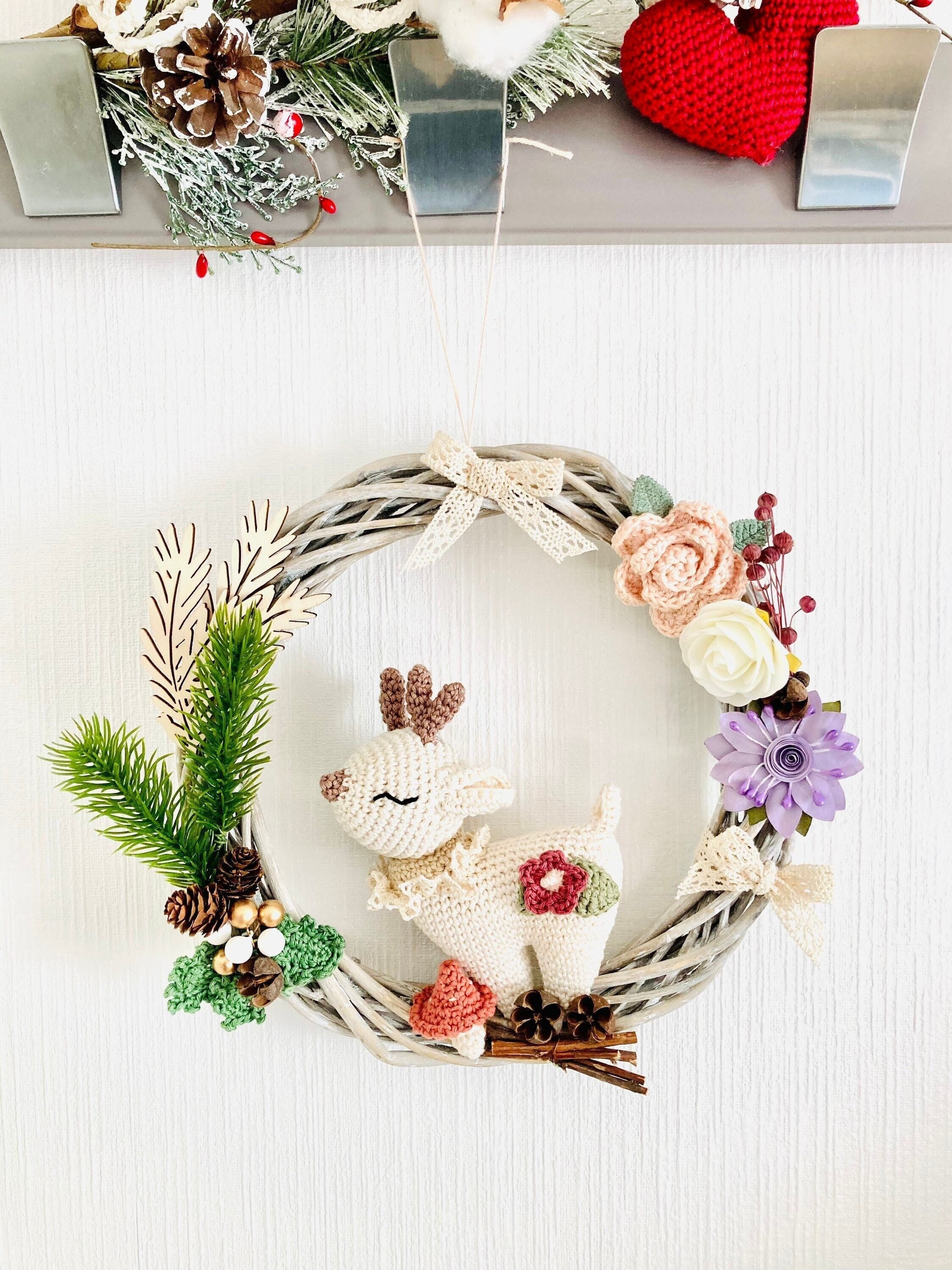 Couronne Décorative Cerf Au Crochet, Décoration Chambre Bébé , Biche Couronne Fleurie, Crochet Forêt