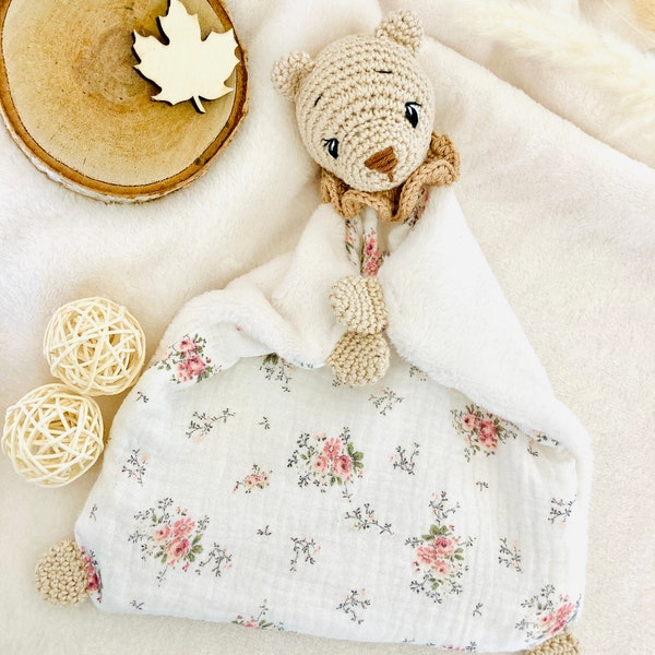 Doudou ours beige lange au crochet. Doudou souple lange ourson cadeau de naissance, peluche ourson doudou tissu doudou crochet doudou ourson