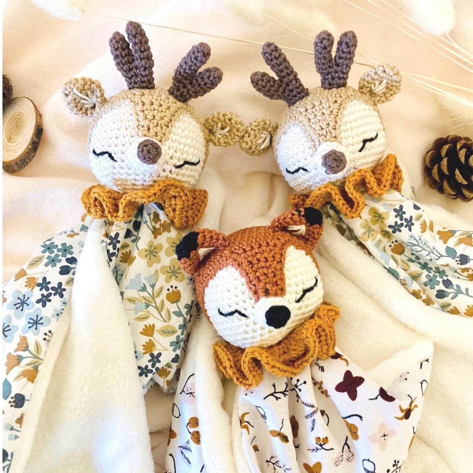 Crocheted Animal Head Baby Blanket, Choice of Fabrics, Forest