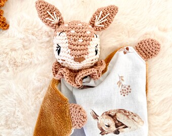 Doudou faon lange au crochet. Doudou souple lange faon cadeau de naissance , peluche cerf doudou tissu doudou crochet doudou bebe cerf