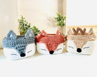 Panier animaux de la forêt au crochet, panière de rangement cerf au crochet, panier renard, panier loup, corbeille renard cerf loup,