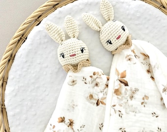 Szydełkowy kocyk do otulania w kształcie króliczka, miniaturowa kołderka dla niemowląt, personalizowana kołderka, szydełkowy kocyk do otulania w kształcie króliczka w stylu boho, kołderka dla niemowląt