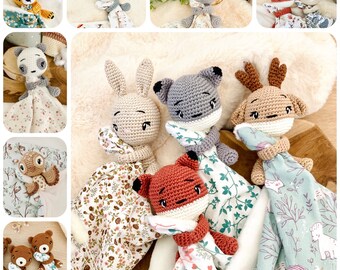 Doudou lange animaux au crochet, doudou cerf, renard, loup, lapin, koala, panda, lion, tigre, cadeau de naissance personnalisé les loustics