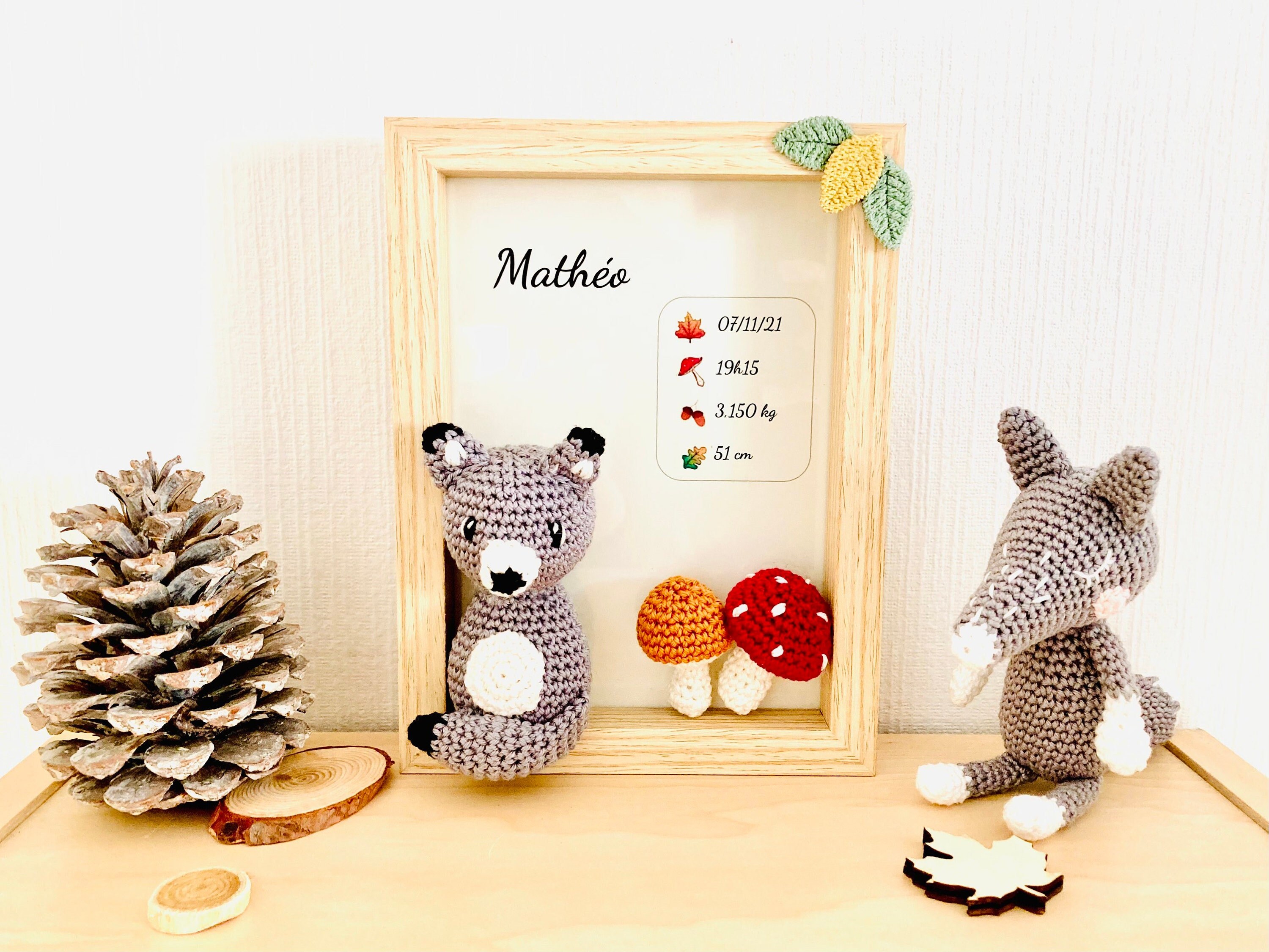 Cadre Naissance 3D Loup Personnalisable Au Crochet, Cadre Animaux de La Forêt Champignon Crochet ave