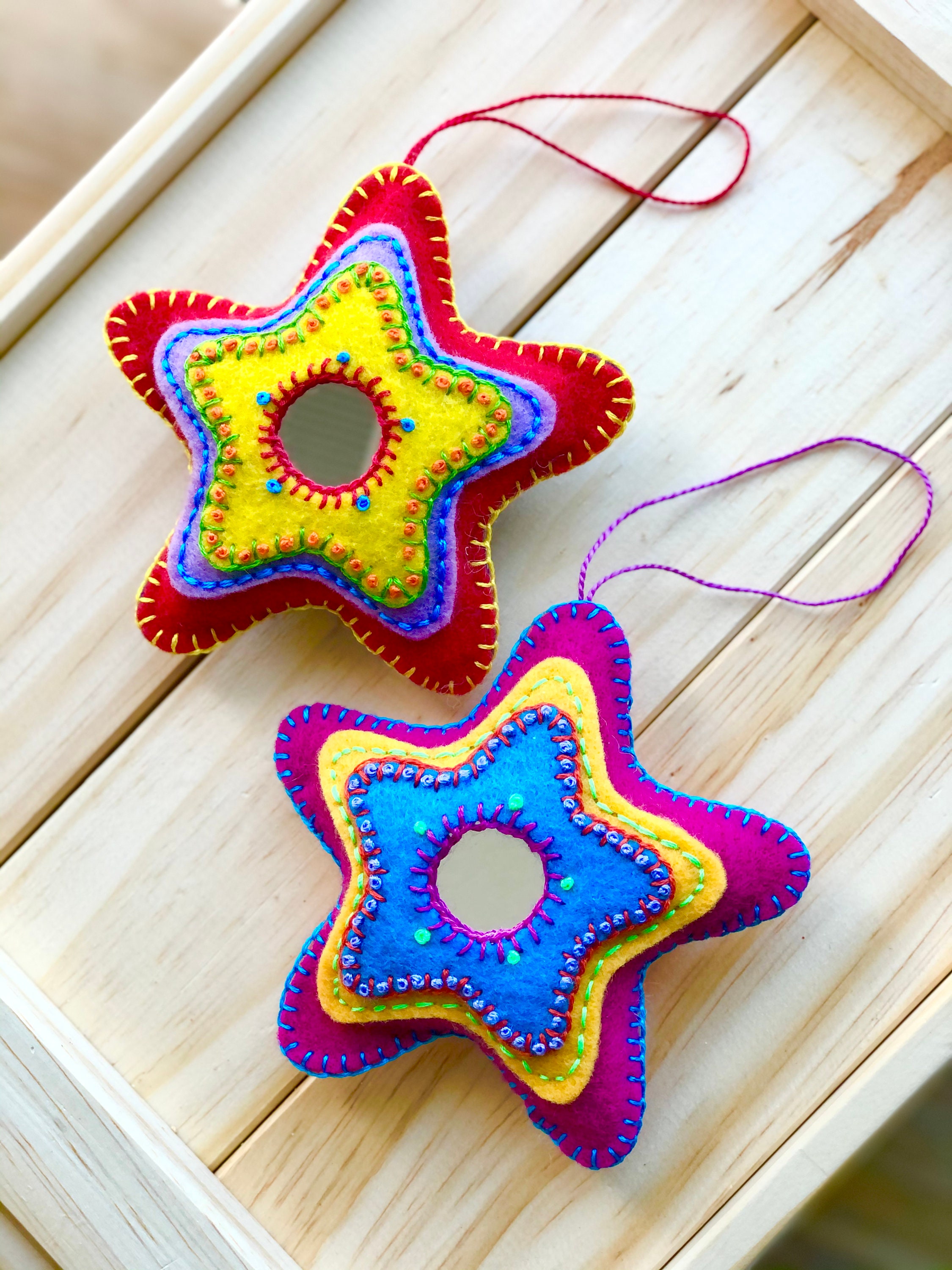 Whimsical Handmade Felt Star Ornaments, Set of 2 (1 Red, 1 Magenta) - Etsy