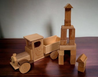 Camión de madera para niños, juguete de camión volquete, juguetes de madera, regalo de cumpleaños para niños, camión de madera con bloques de construcción