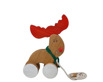 Wooden pull toy, Waldorf Wooden toys, Wooden Reindeer for Toddlers and Kids, Handmade Toys