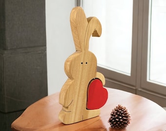 Lindo conejito de madera con corazón - Un regalo de rompecabezas amoroso para niños pequeños - Decoración de guardería - Regalo perfecto para niños pequeños - Decoración encantadora para el hogar