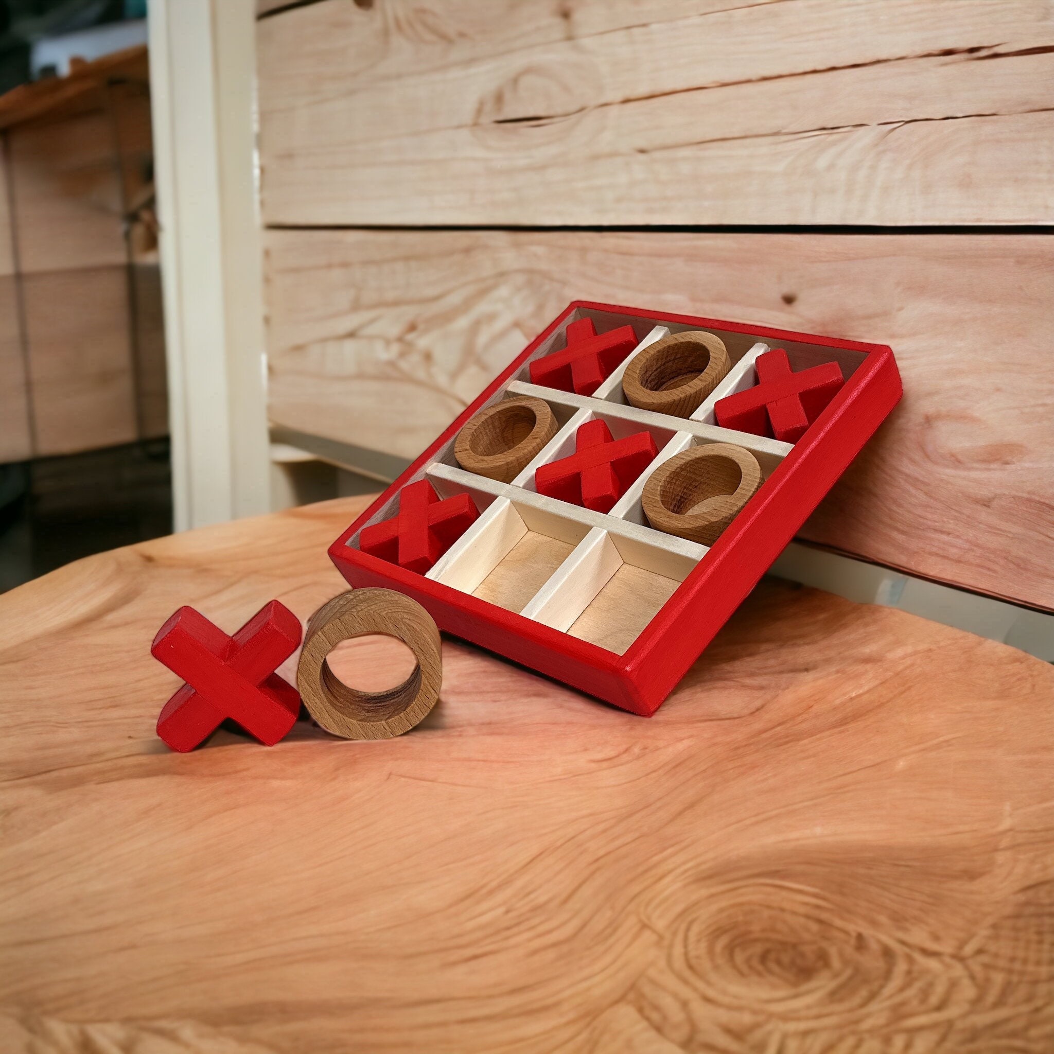 Handmade Wooden XO Game Tic Tac Toe Board Game for 2 Players Indoor