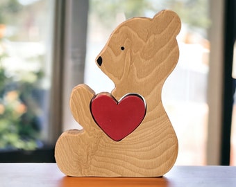 Wooden Puzzle of Cute Bear with Heart - Engaging and Educational Game for Kids - Charming Decor for Your Home |Perfect Gift for Any Occasion